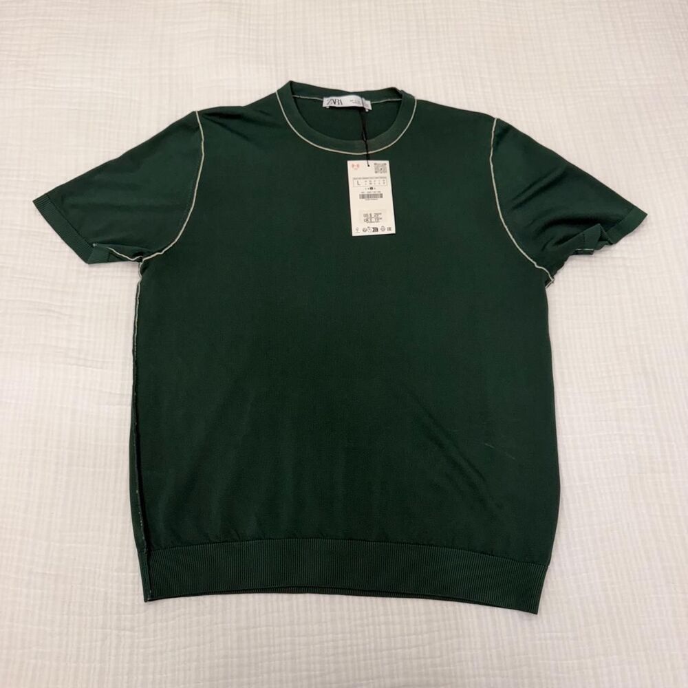 zara green contrast stitch knit top